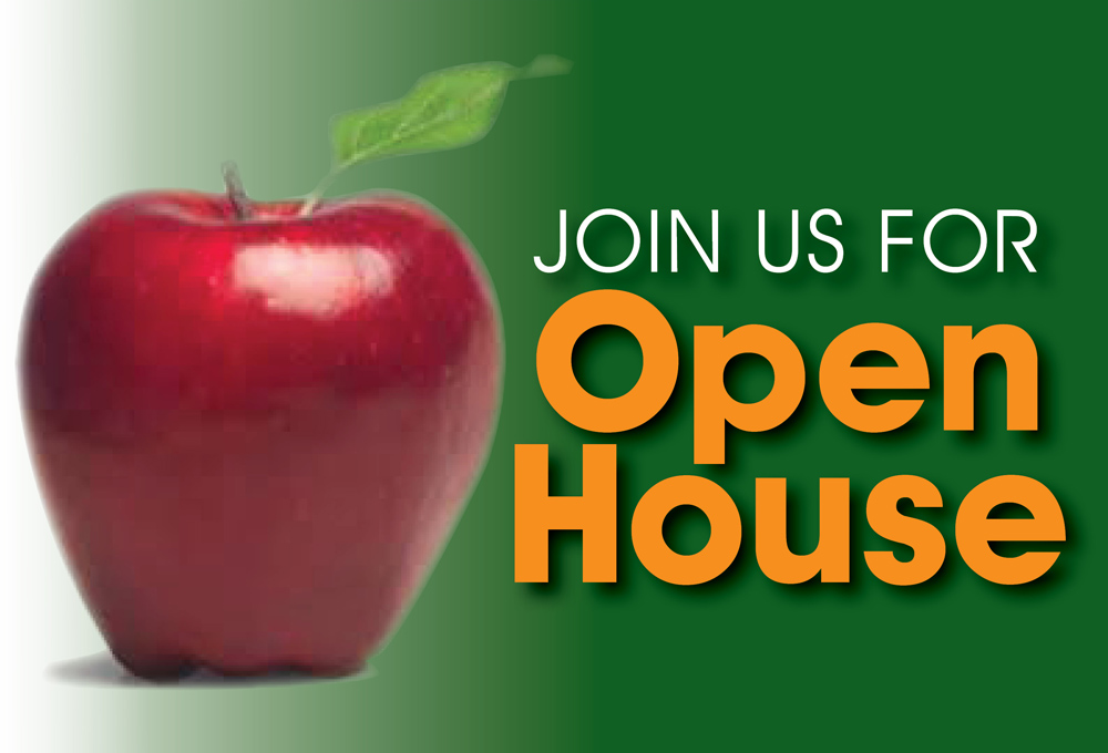 Open House, Image of Red Apple on Green Background